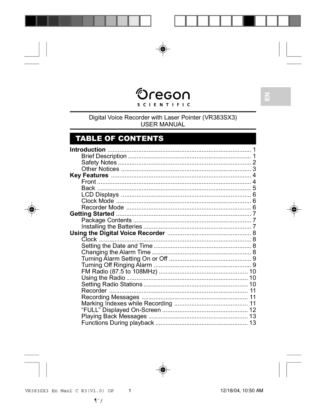 Oregon VR383SX3 user manual Table of Contents 