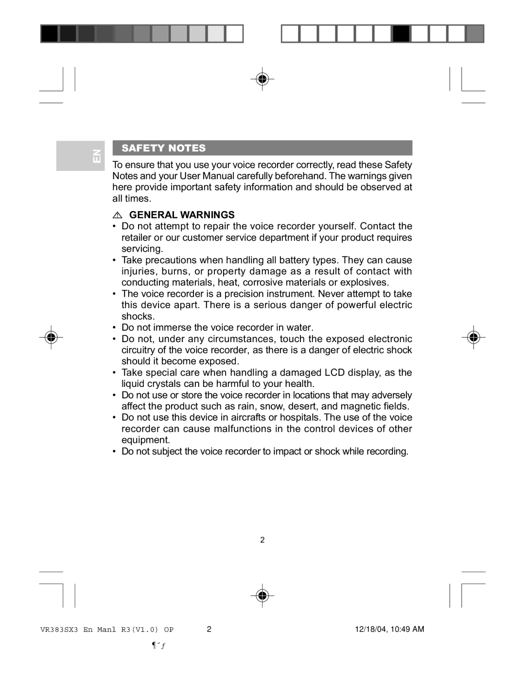 Oregon VR383SX3 user manual Safety Notes, General Warnings 