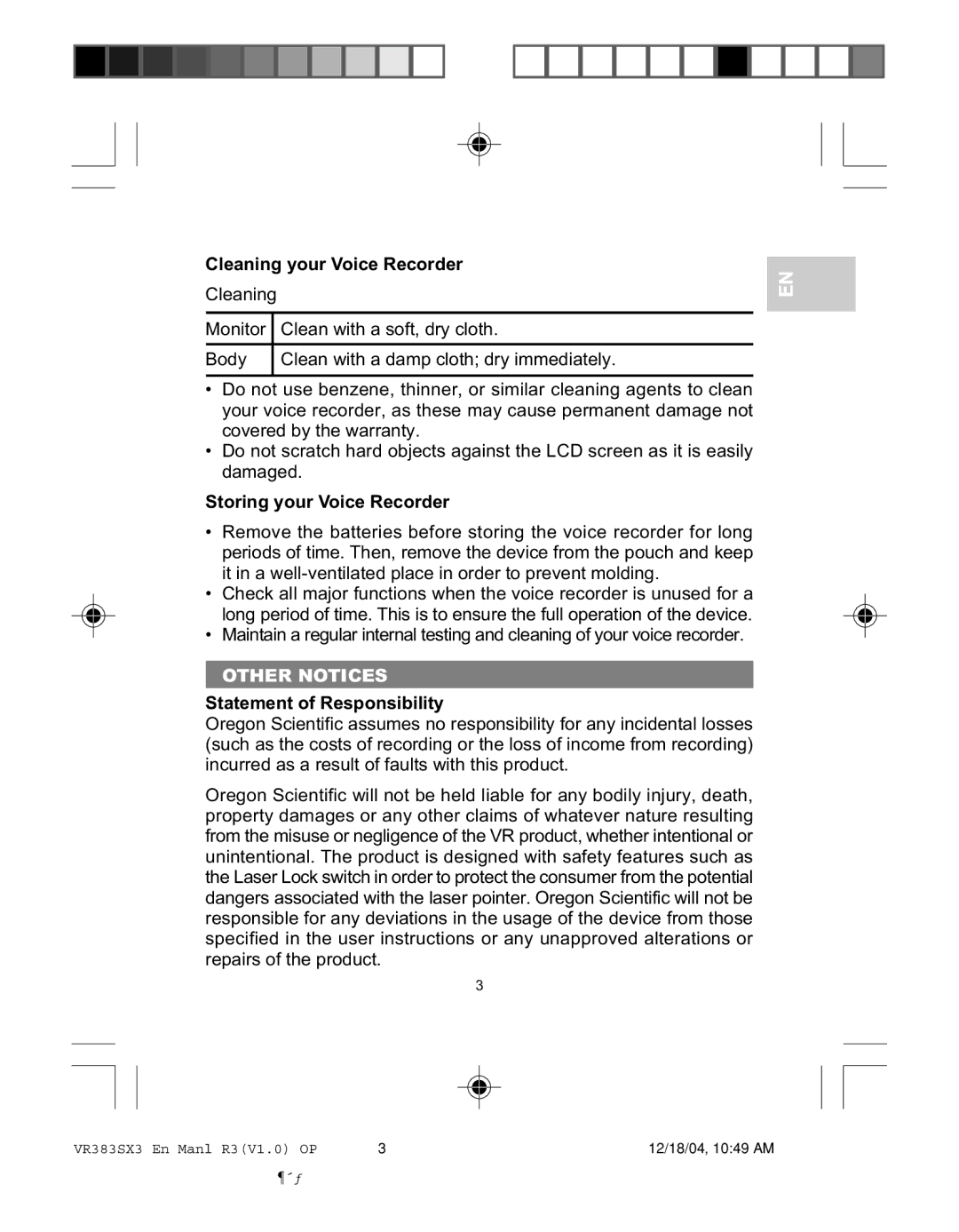 Oregon VR383SX3 Cleaning your Voice Recorder, Storing your Voice Recorder, Other Notices, Statement of Responsibility 