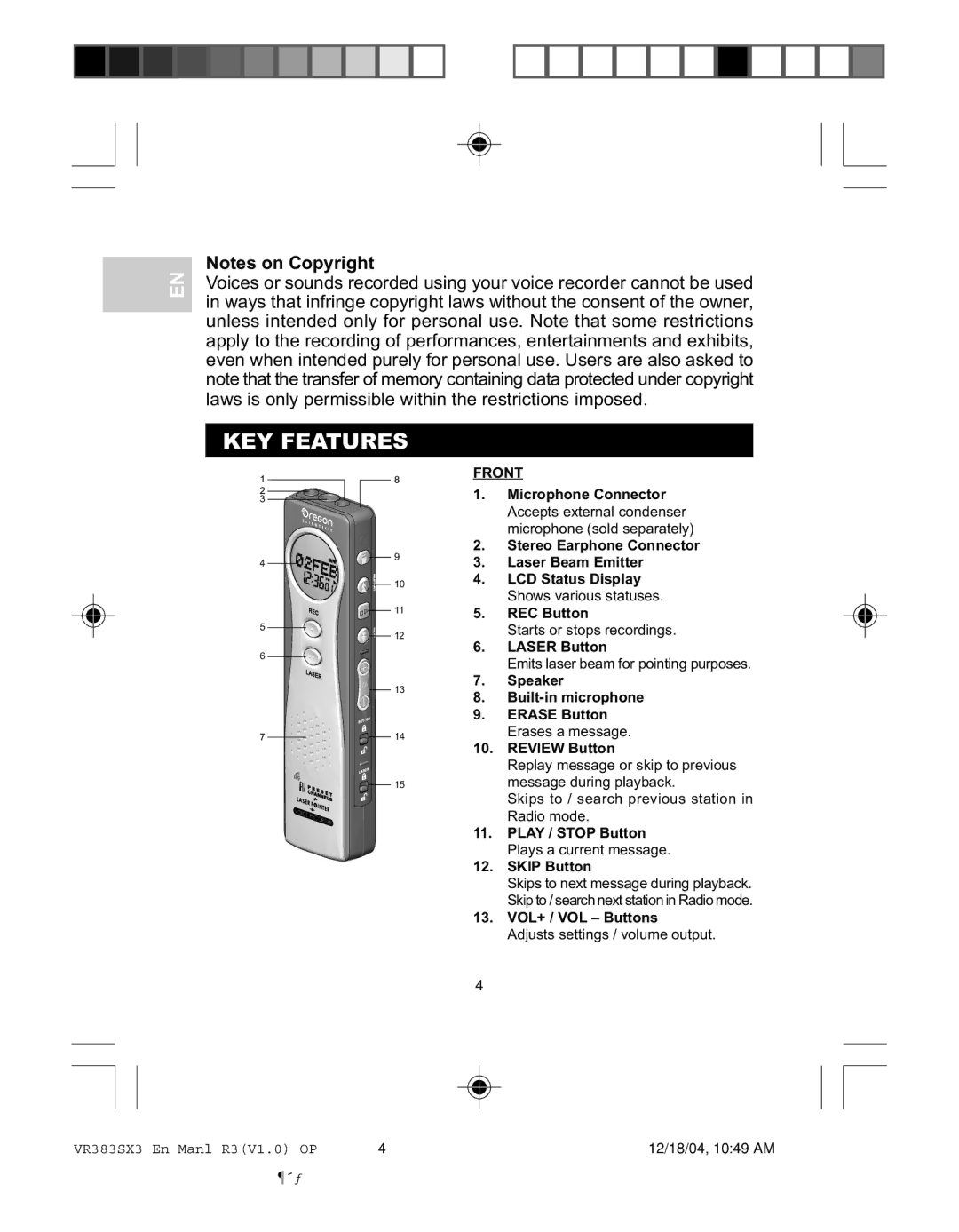 Oregon VR383SX3 user manual KEY Features, Front 