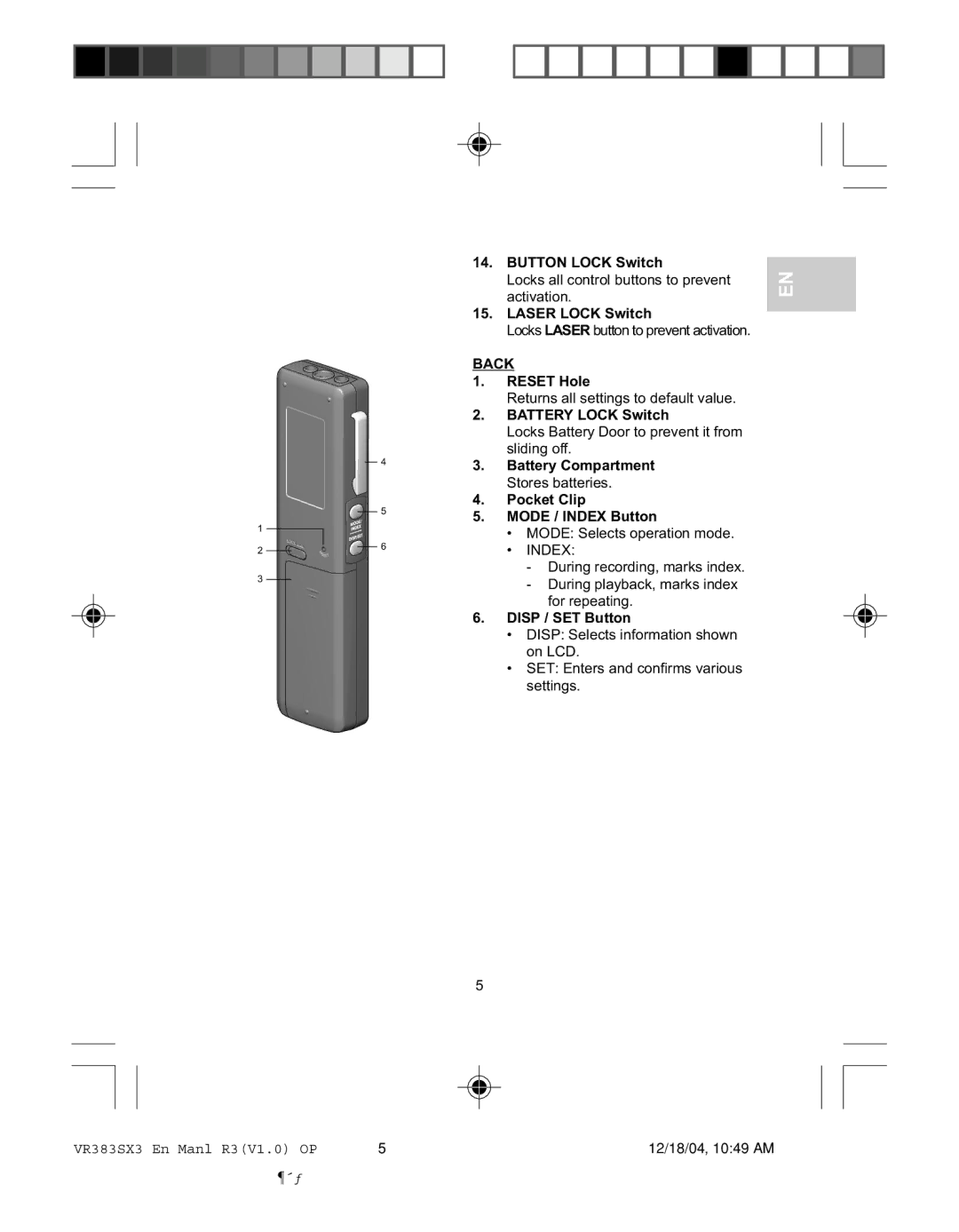 Oregon VR383SX3 user manual Back 