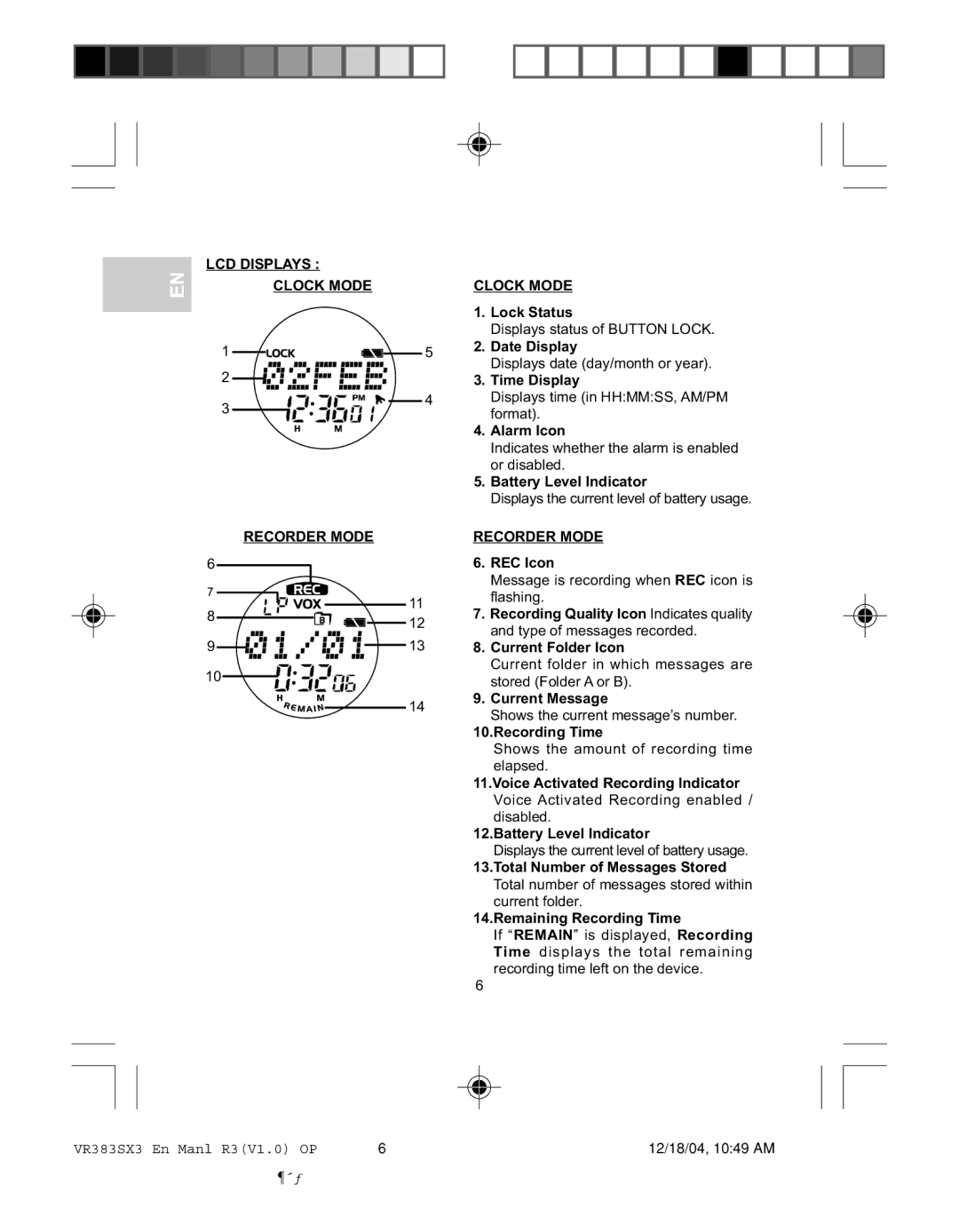 Oregon VR383SX3 user manual LCD Displays 