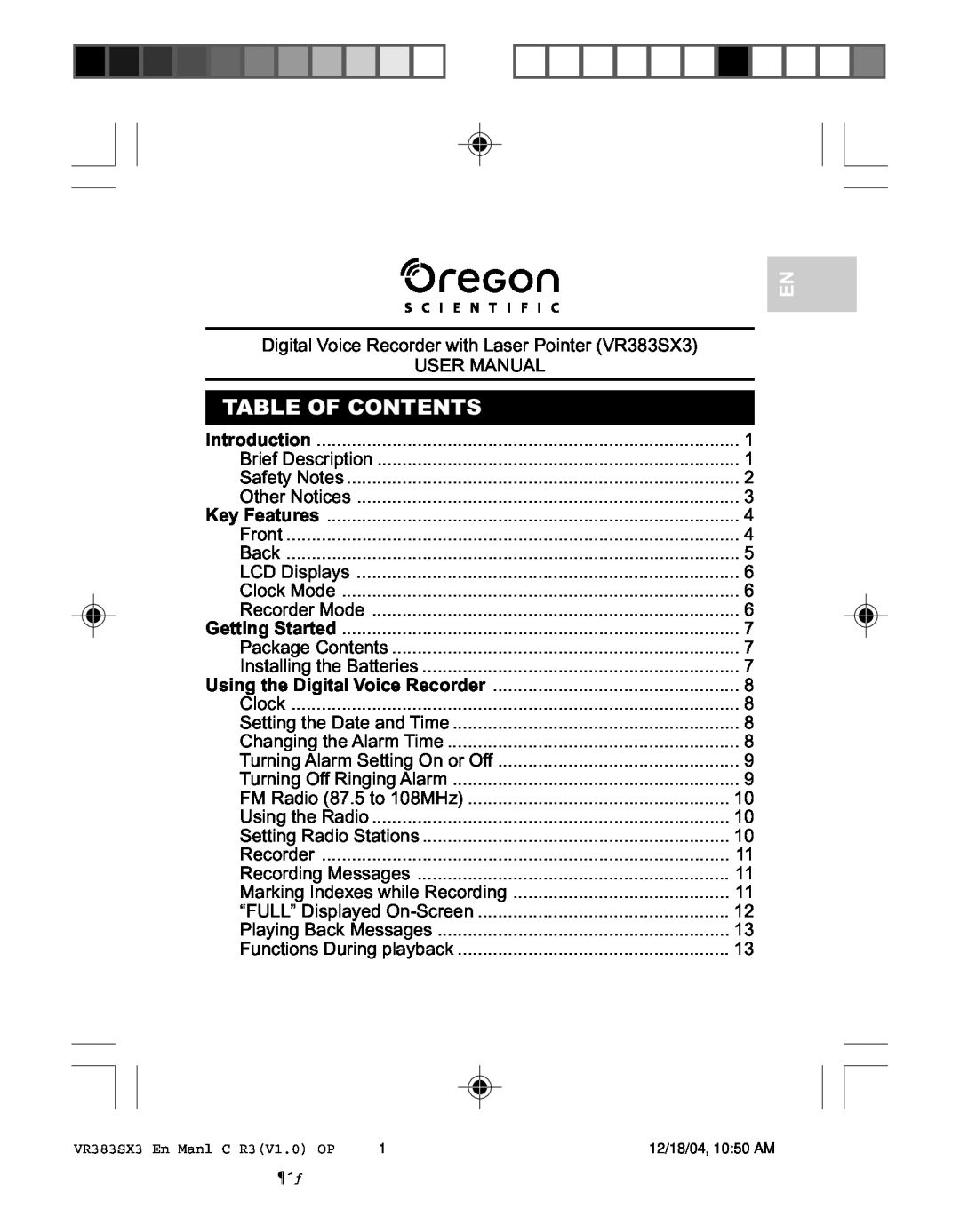 Oregon VR383SX3 user manual Table Of Contents 