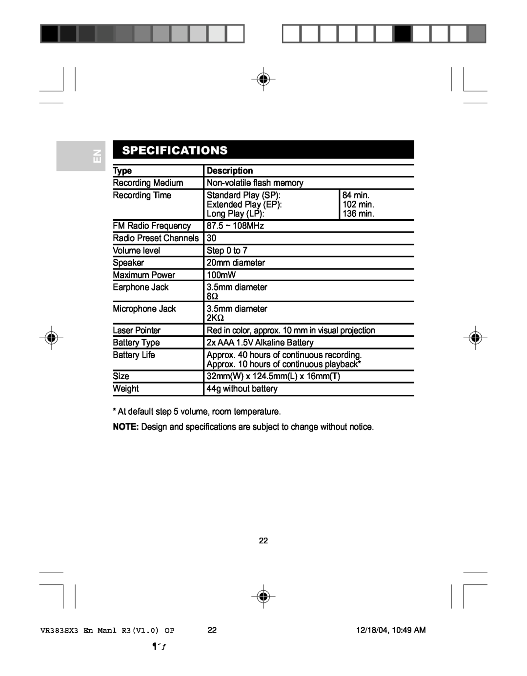 Oregon VR383SX3 user manual Specifications, Type, Description 