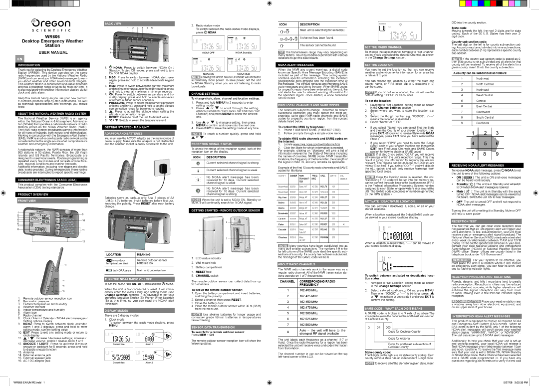 Oregon WR606 user manual Introduction, About the National Weather Radio System, Consumer Electronics ASSOC. CEA, Back View 