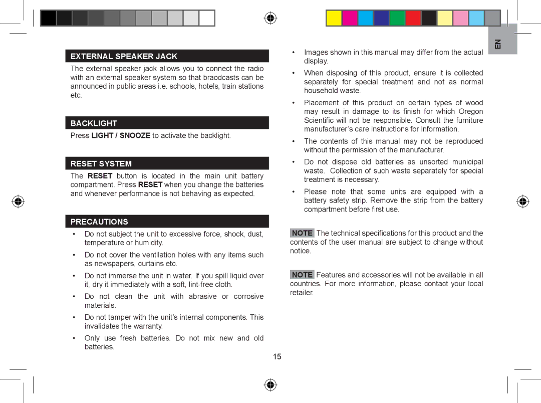 Oregon WR608 External Speaker Jack, Backlight, Press Light / Snooze to activate the backlight, Reset System, Precautions 