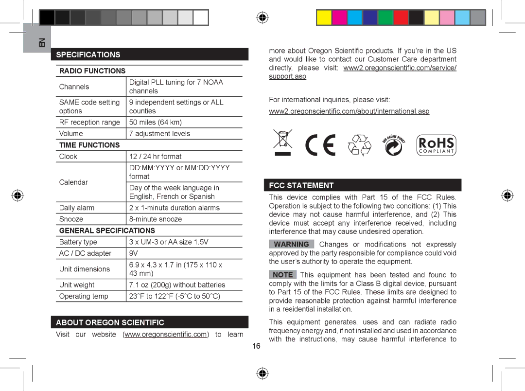 Oregon WR608 user manual Specifications, About Oregon Scientific, FCC Statement 