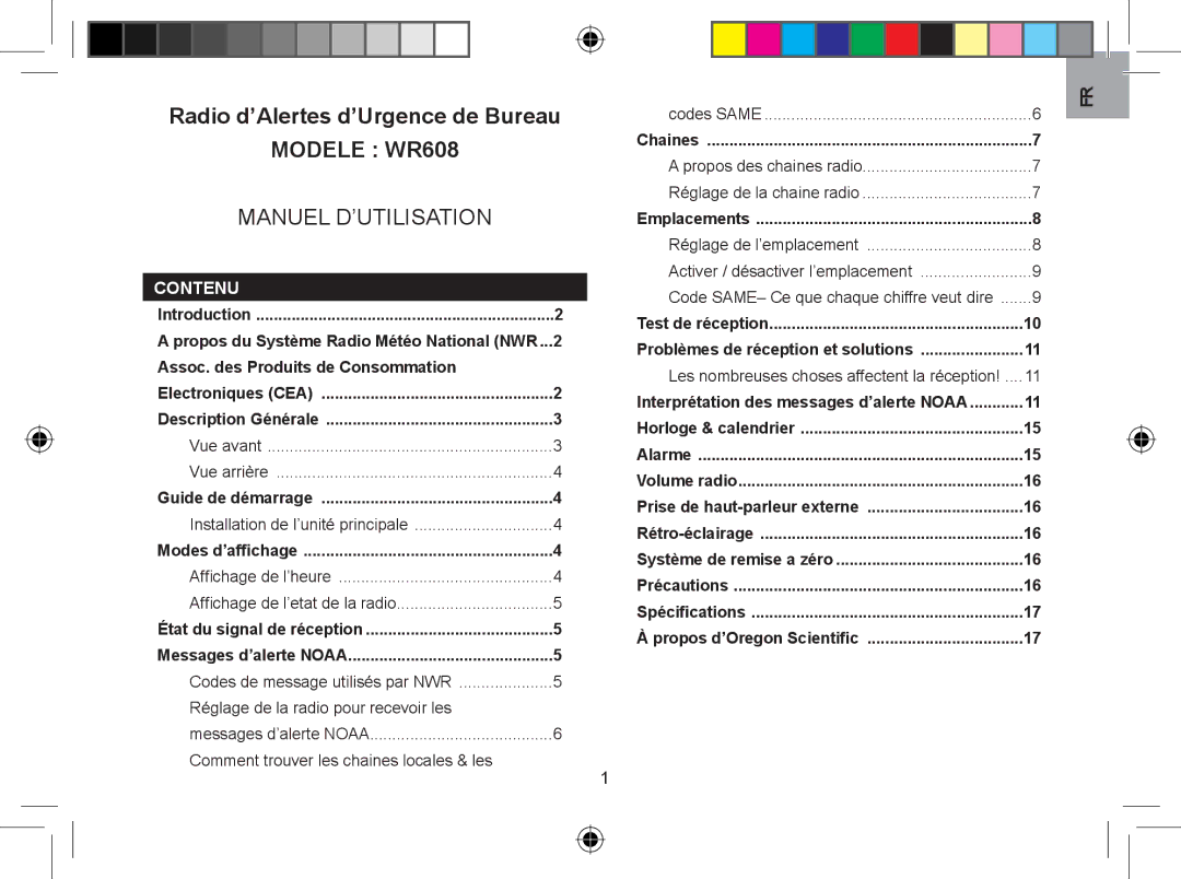 Oregon WR608 user manual Contenu, Assoc. des Produits de Consommation, Réglage de la radio pour recevoir les 