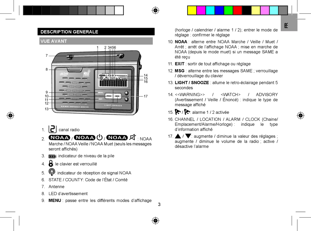 Oregon WR608 user manual Description Generale VUE Avant, Canal radio, Seront afﬁchés Indicateur de niveau de la pile 