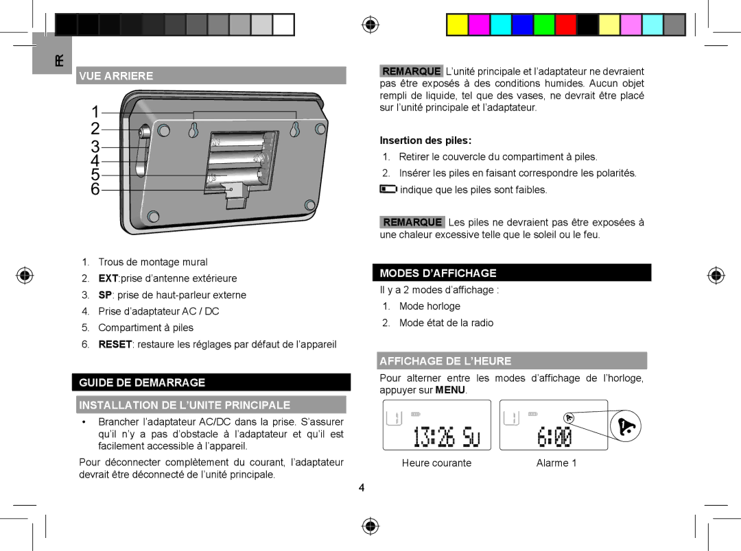 Oregon WR608 VUE Arriere, Guide DE Demarrage Installation DE L’UNITE Principale, Insertion des piles, Modes D’AFFICHAGE 