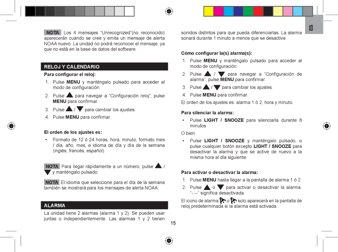 Oregon WR608 user manual Reloj Y Calendario, Nota, Alarma 