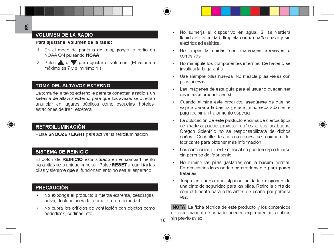 Oregon WR608 user manual Volumen DE LA Radio, Toma DEL Altavoz Externo, Retroiluminación, Sistema DE Reinicio, Precaución 