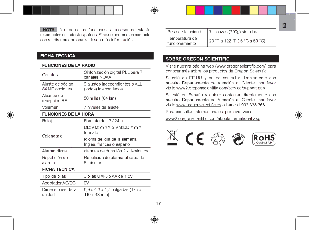 Oregon WR608 user manual Ficha Técnica, Funciones DE LA Radio, Funciones DE LA Hora, Sobre Oregon Scientific 