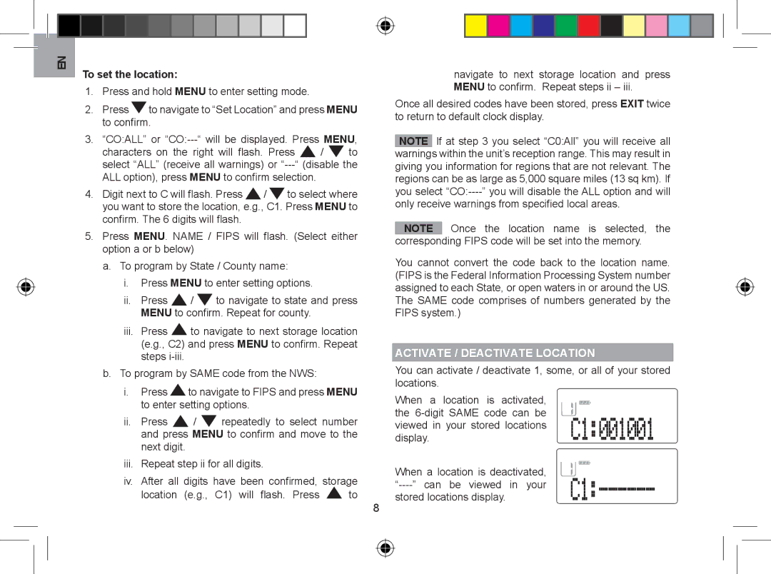 Oregon WR608 user manual To set the location, Press, To conﬁrm, Activate / Deactivate Location, Stored locations display 