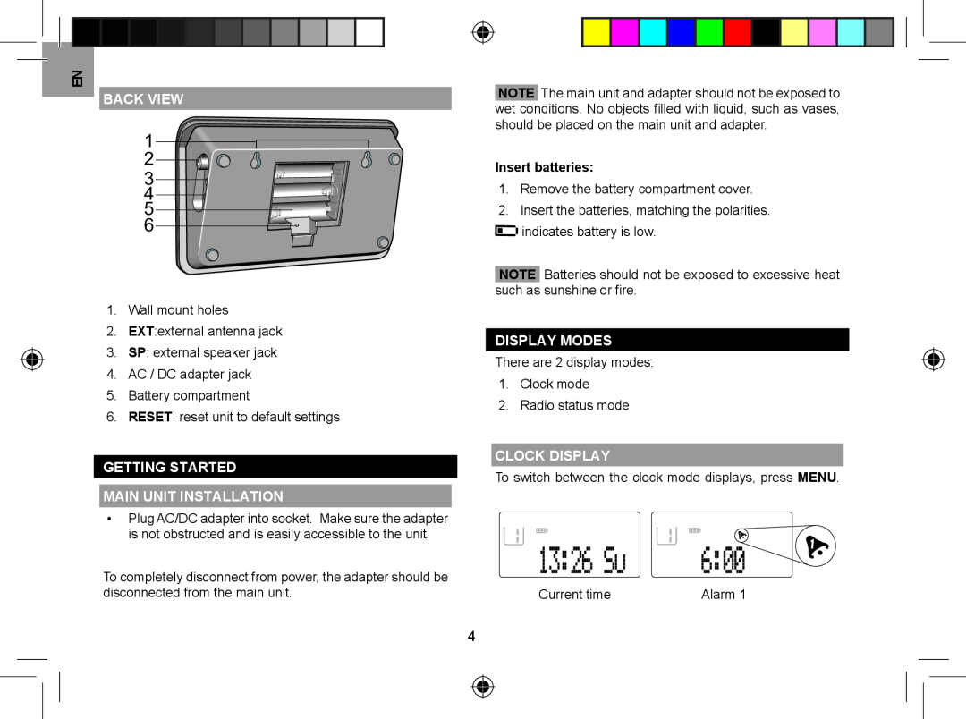 Oregon WR608 user manual Back View, Insert batteries, Display Modes, Getting Started Main Unit Installation, Clock Display 