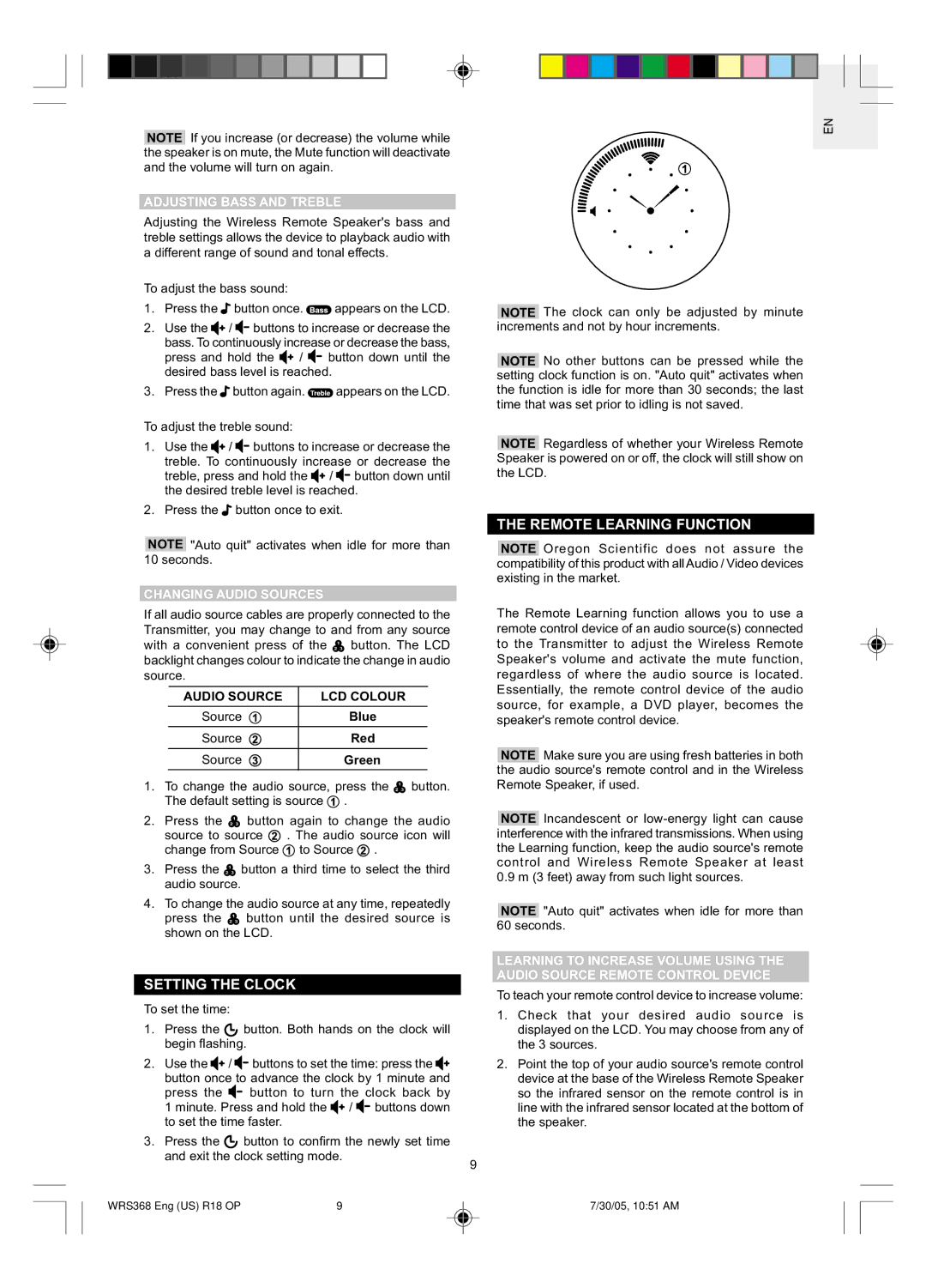 Oregon WRS368 user manual Setting the Clock, Remote Learning Function, Adjusting Bass and Treble, Changing Audio Sources 