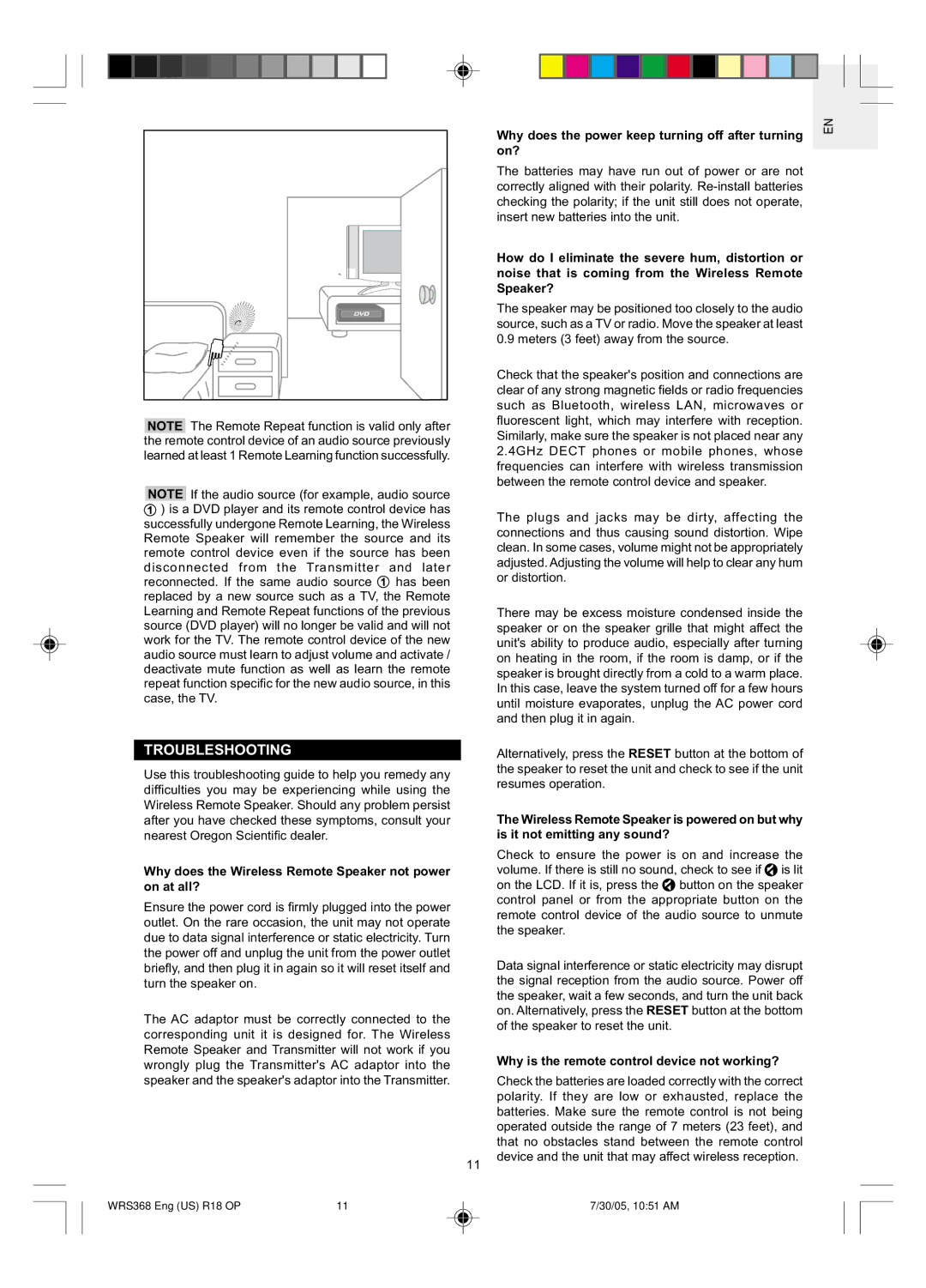 Oregon WRS368 user manual Troubleshooting, Why does the Wireless Remote Speaker not power on at all? 