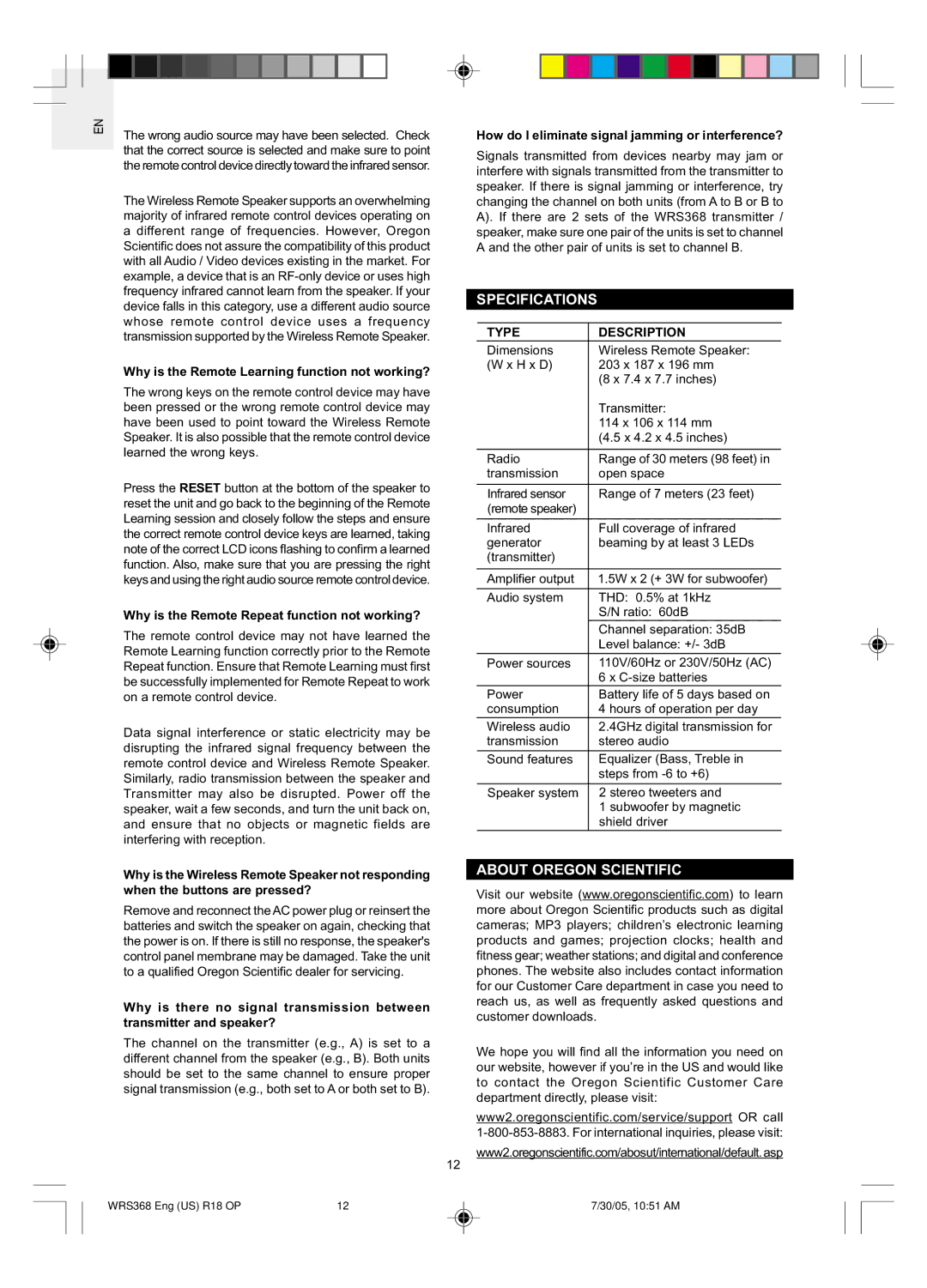 Oregon WRS368 user manual Specifications, About Oregon Scientific, Type Description 