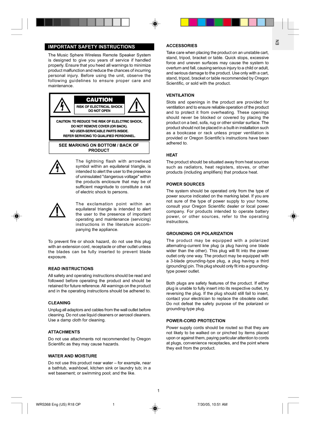 Oregon WRS368 user manual Important Safety Instructions 