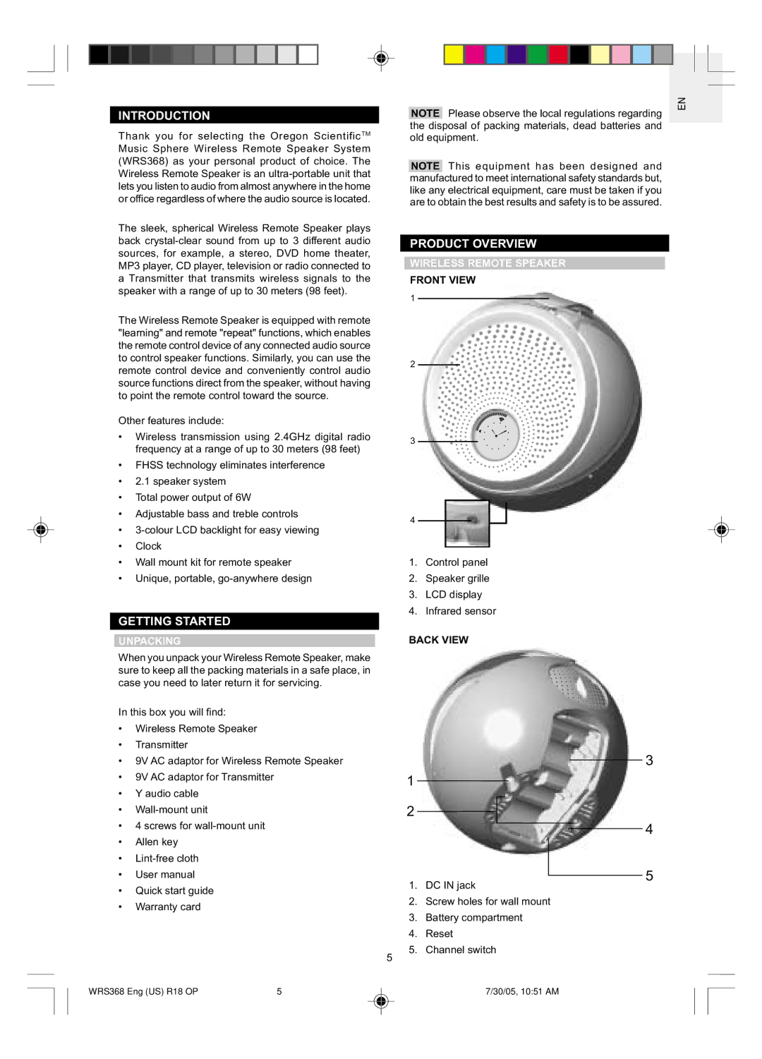 Oregon WRS368 user manual Introduction, Getting Started, Product Overview, Unpacking, Wireless Remote Speaker 