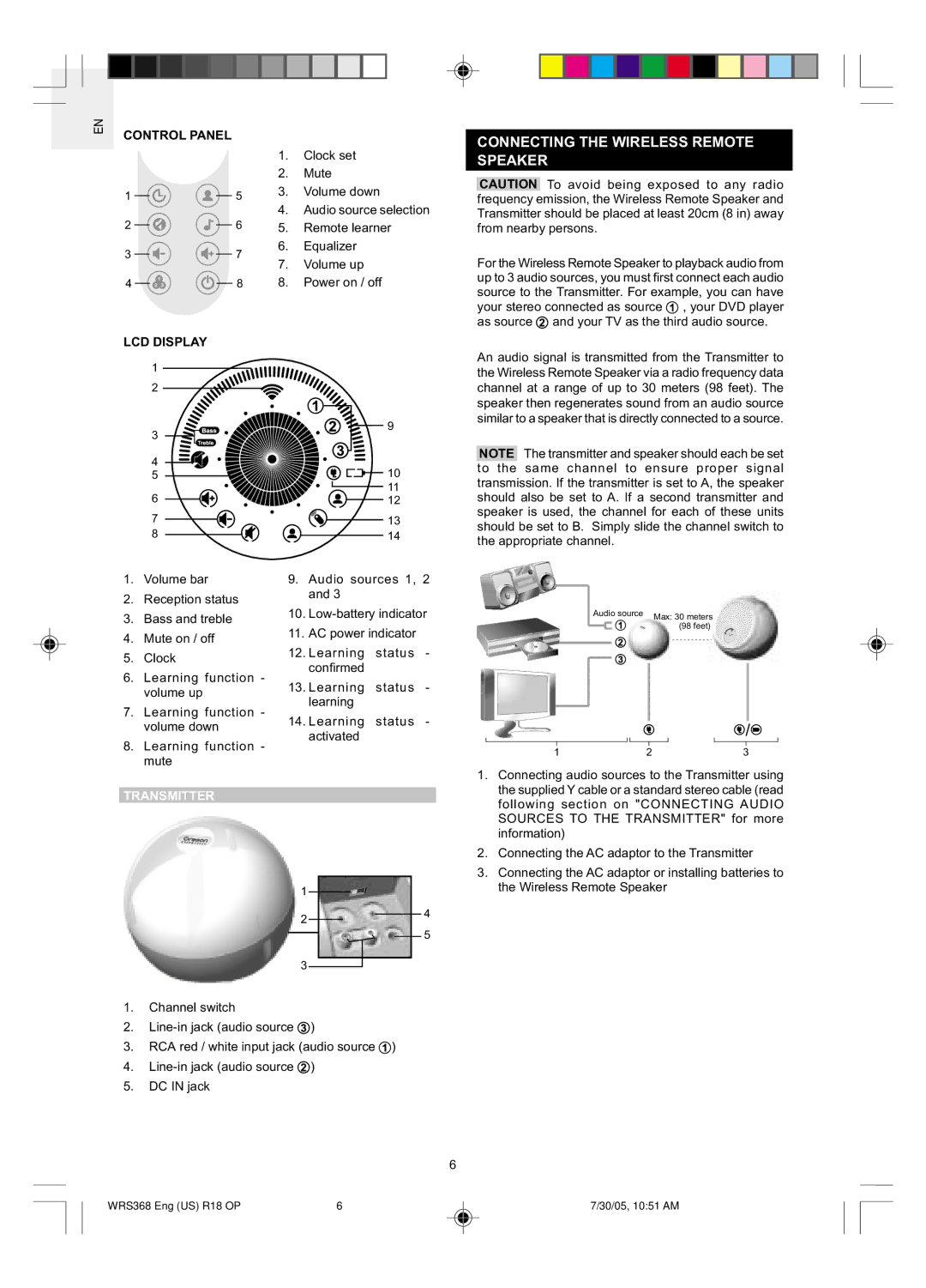 Oregon WRS368 user manual Connecting the Wireless Remote Speaker, Control Panel, LCD Display, Transmitter 