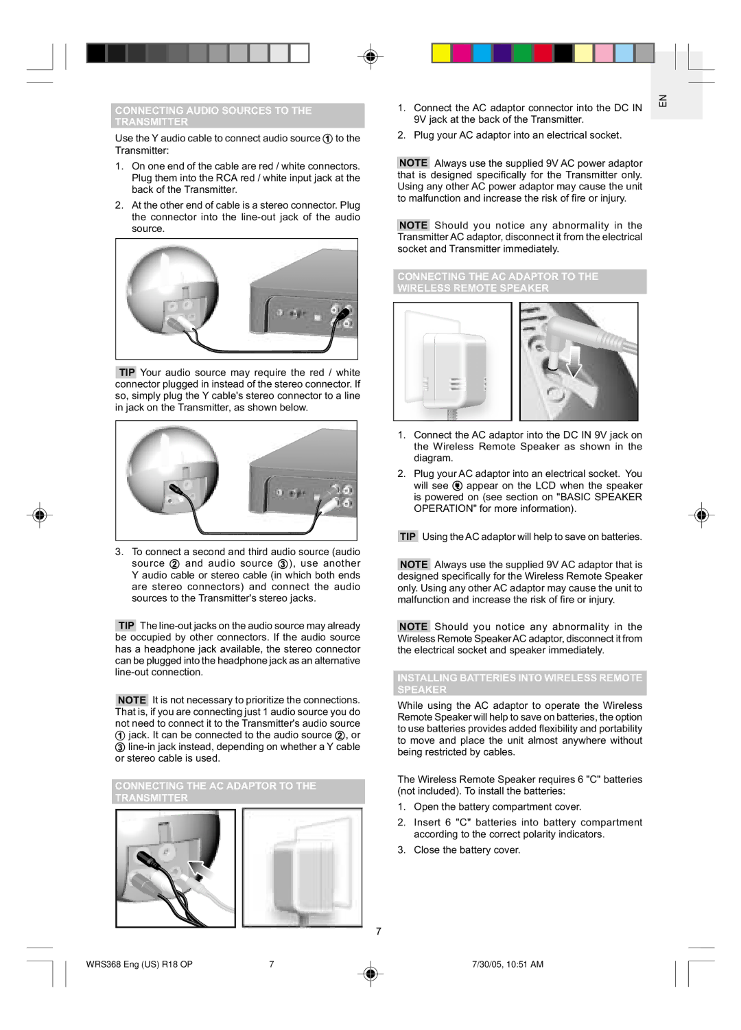 Oregon WRS368 user manual Connecting Audio Sources to Transmitter, Connecting the AC Adaptor to the Transmitter 