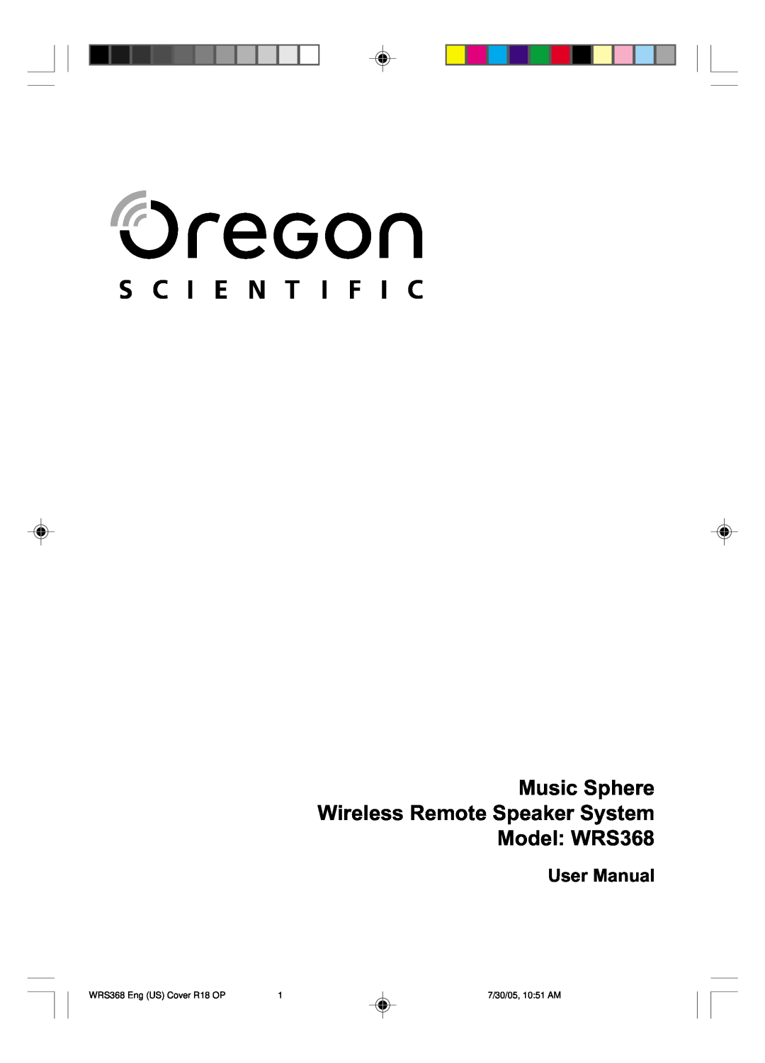 Oregon user manual Music Sphere Wireless Remote Speaker System, Model WRS368, WRS368 Eng US Cover R18 OP 