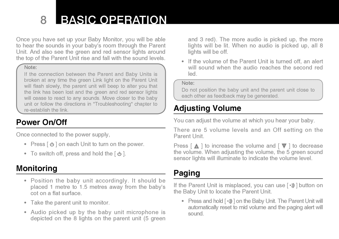 Oricom 100 manual Basic Operation, Power On/Off, Monitoring, Adjusting Volume, Paging 