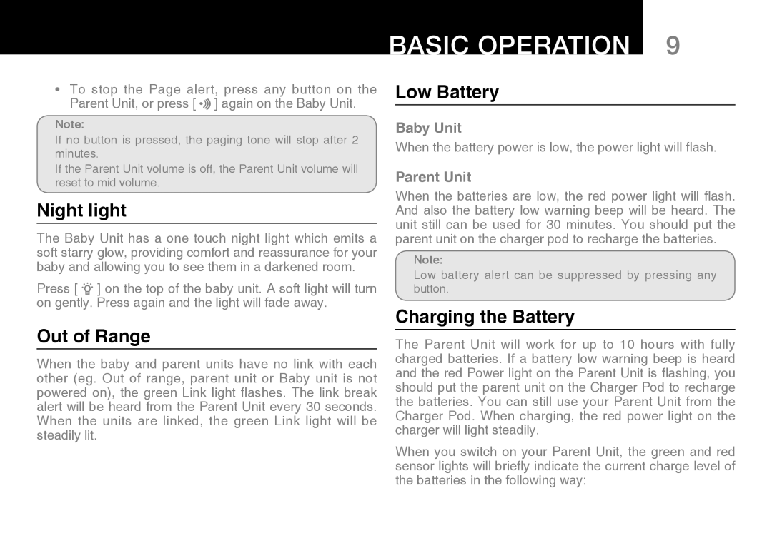 Oricom 100 manual Night light, Out of Range, Low Battery, Charging the Battery 