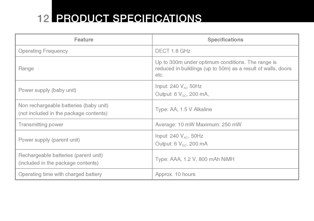 Oricom 100 manual Product Specifications, Feature Speciﬁcations 