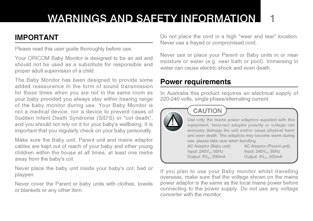 Oricom 100 manual Power requirements 