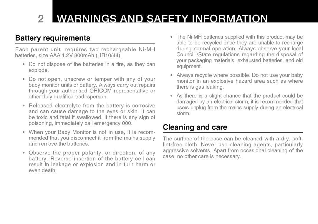 Oricom 100 manual Battery requirements, Cleaning and care 