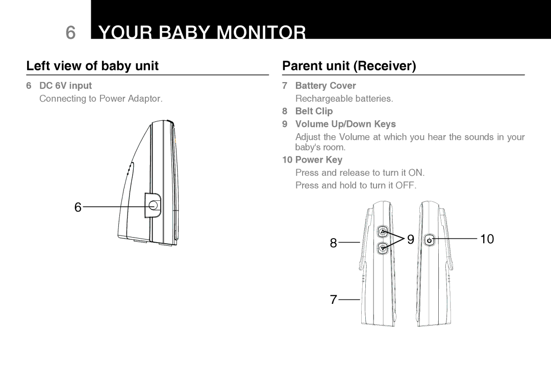 Oricom 100 manual Left view of baby unit, Parent unit Receiver, DC 6V input, Power Key 