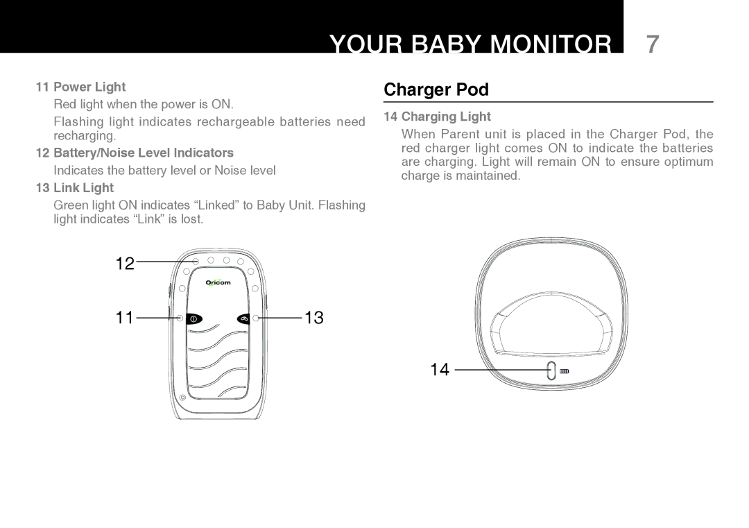 Oricom 100 manual Charger Pod, Battery/Noise Level Indicators, Link Light, Charging Light 