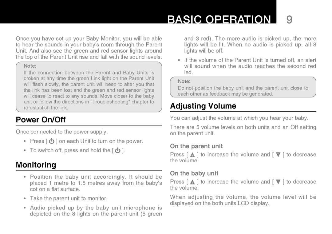 Oricom 200 manual Basic Operation, Power On/Off, Monitoring, Adjusting Volume 