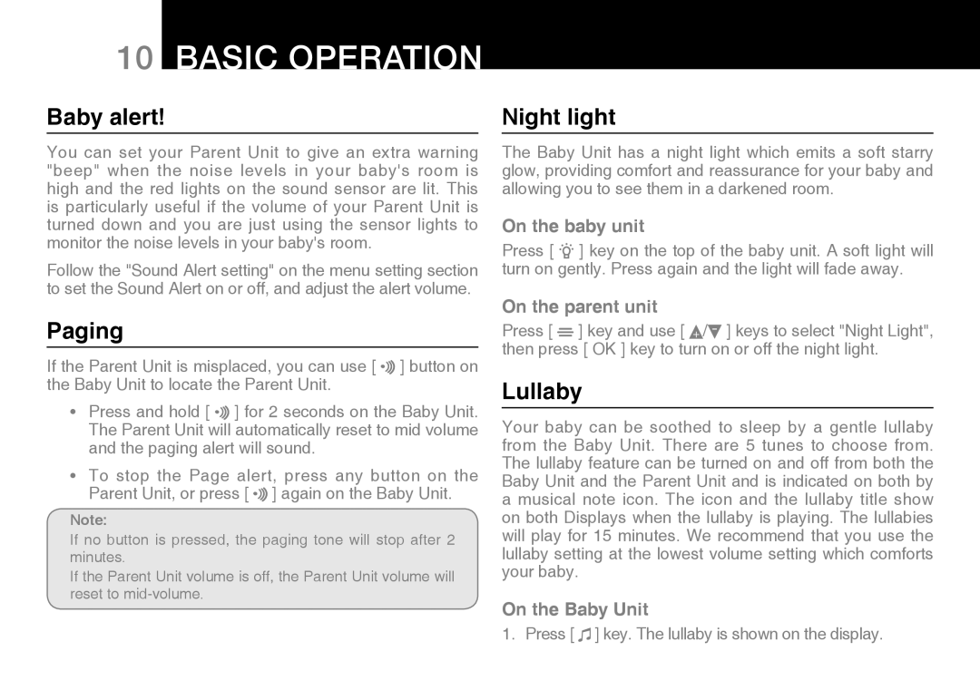 Oricom 200 manual Baby alert, Paging, Night light, Lullaby 