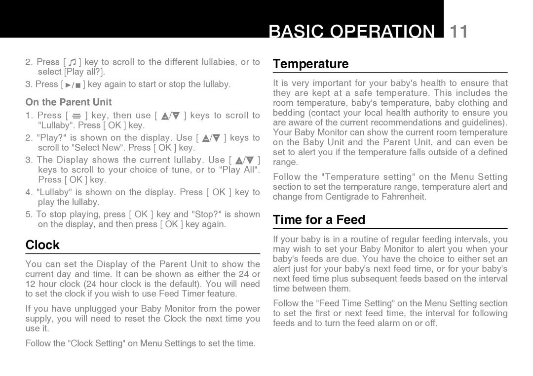 Oricom 200 manual Clock, Temperature, Time for a Feed 