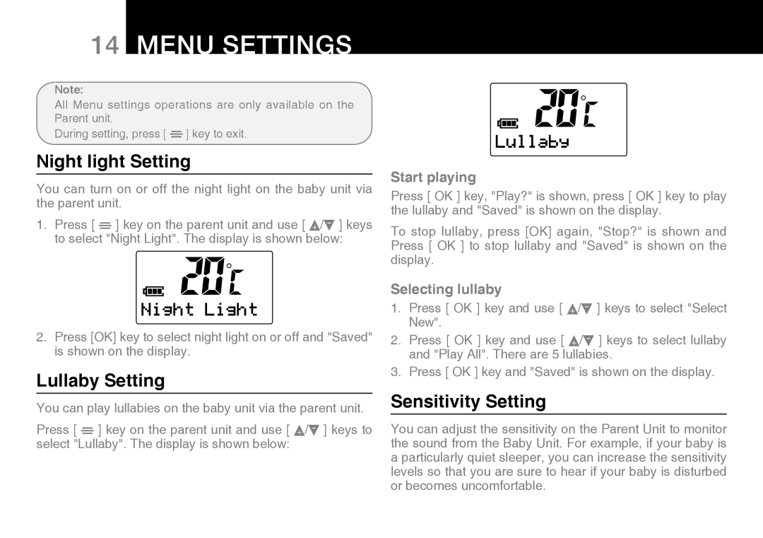 Oricom 200 manual Menu Settings, Night light Setting, Lullaby Setting, Sensitivity Setting 