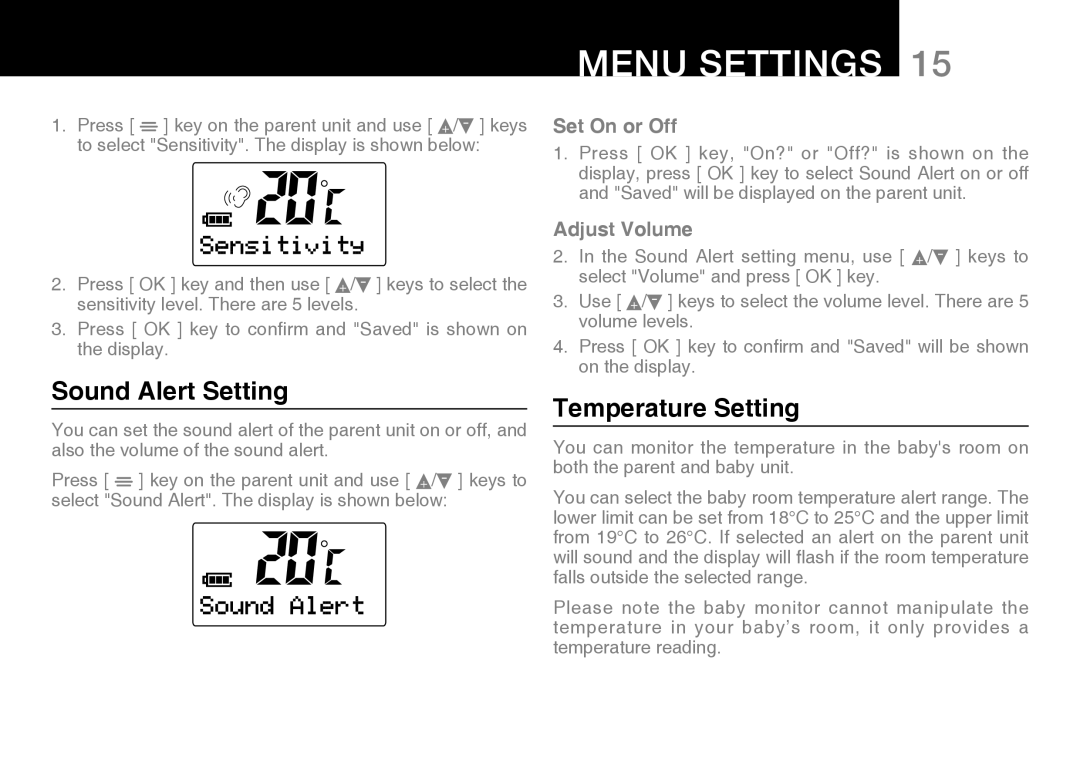 Oricom 200 manual Sound Alert Setting, Temperature Setting, Set On or Off, Adjust Volume 