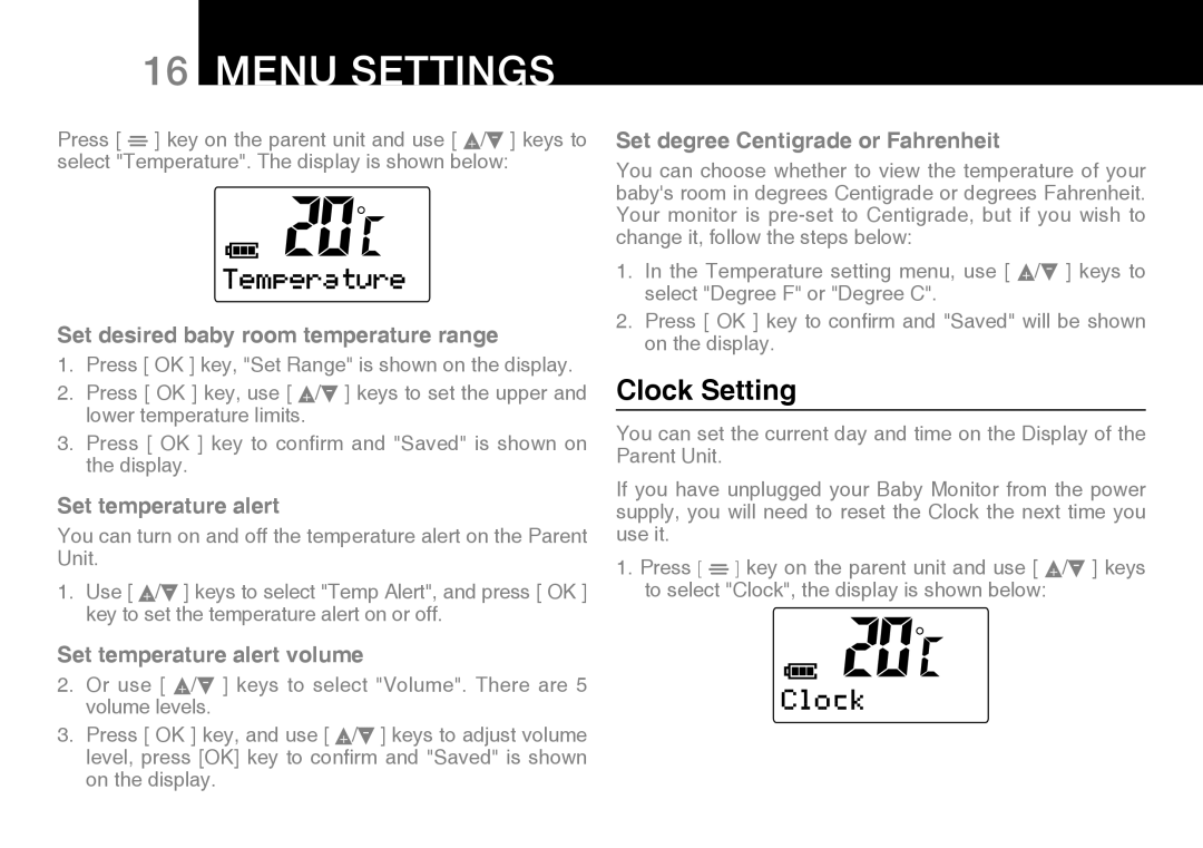 Oricom 200 manual Clock Setting, Set desired baby room temperature range, Set temperature alert volume 