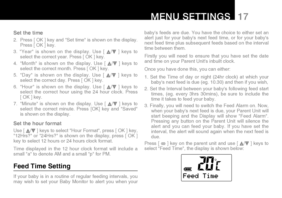 Oricom 200 manual Feed Time Setting, Set the time, Set the hour format 