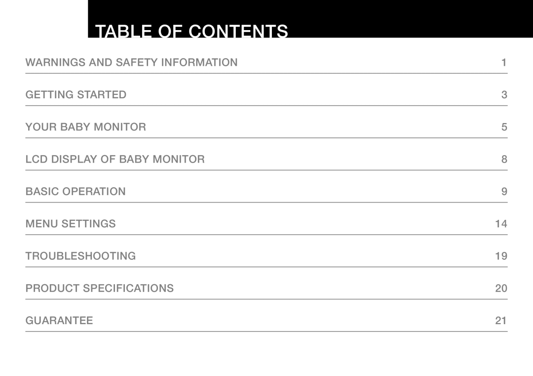 Oricom 200 manual Table of Contents 