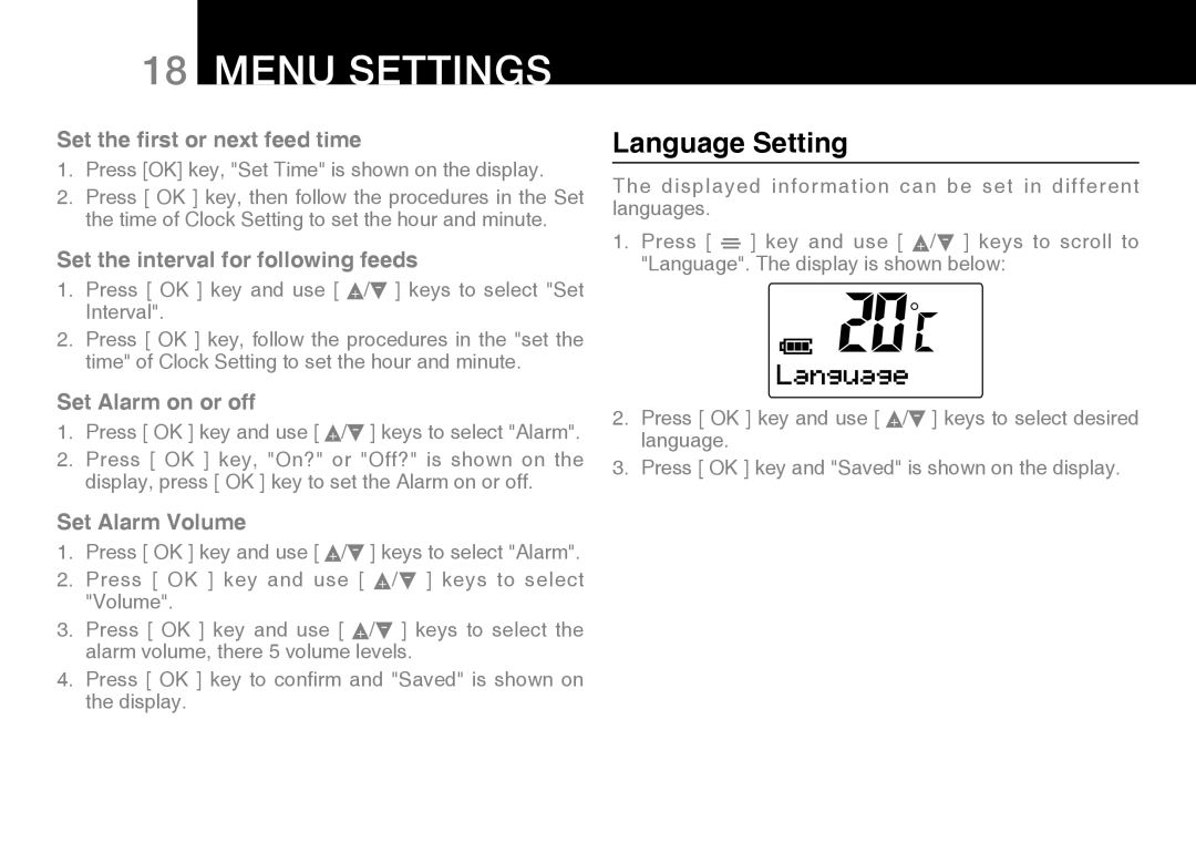 Oricom 200 Language Setting, Set the ﬁrst or next feed time, Set the interval for following feeds, Set Alarm on or off 