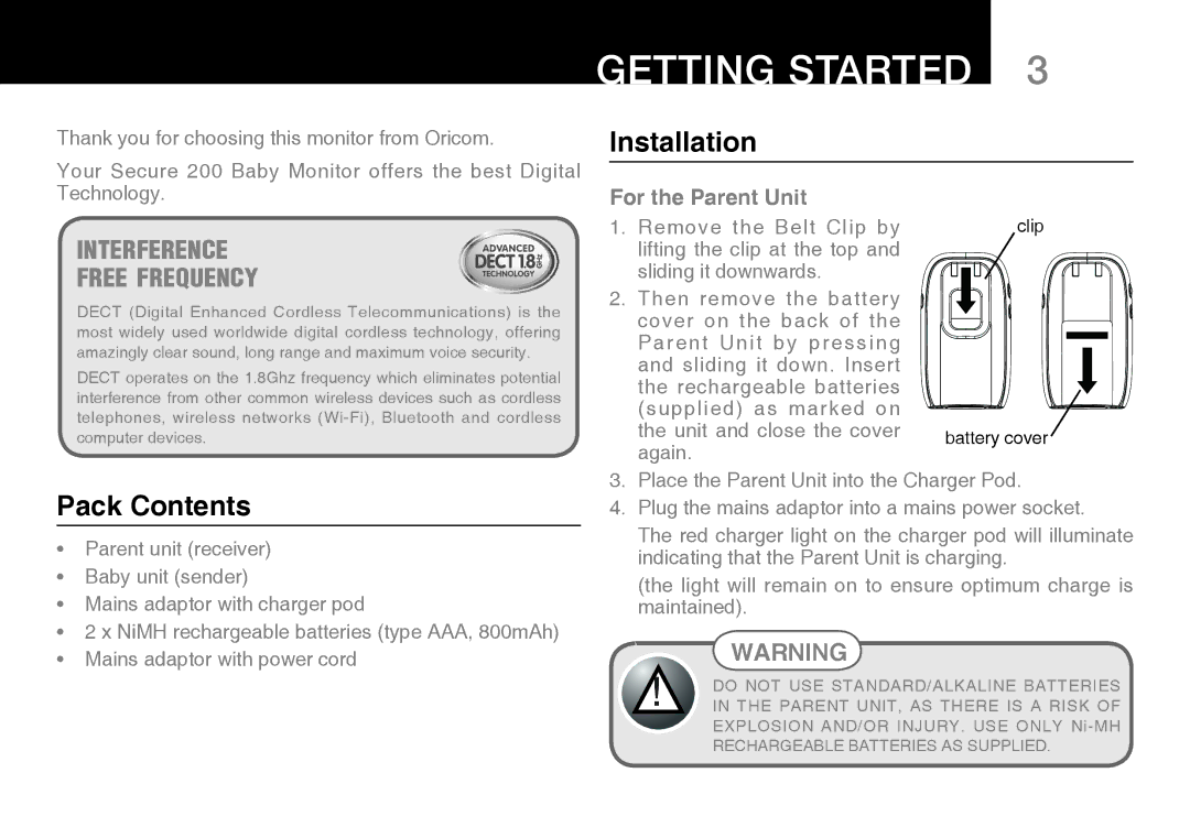 Oricom 200 manual Getting Started, Installation, Pack Contents 