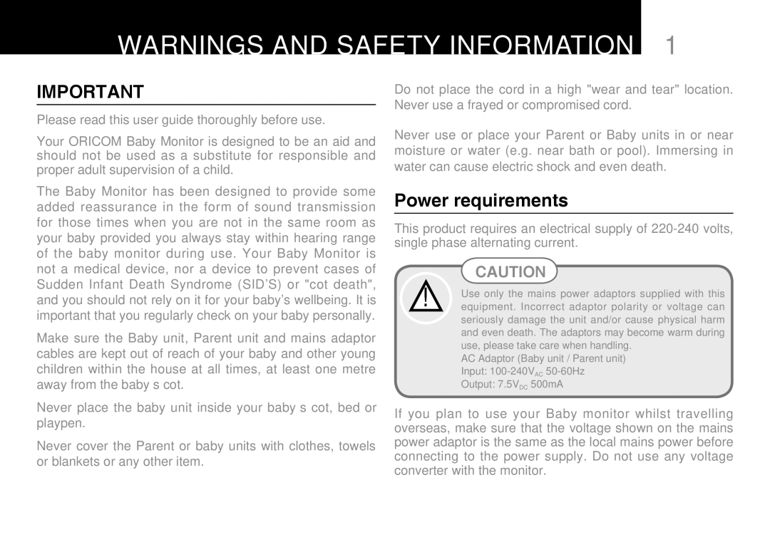 Oricom 300 manual Power requirements 