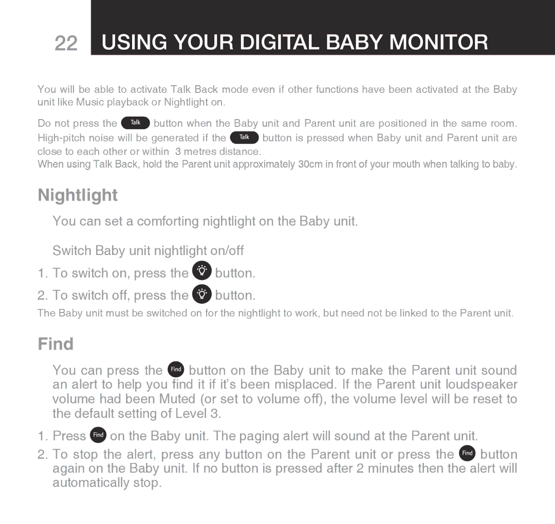 Oricom 310 manual Nightlight, Find 