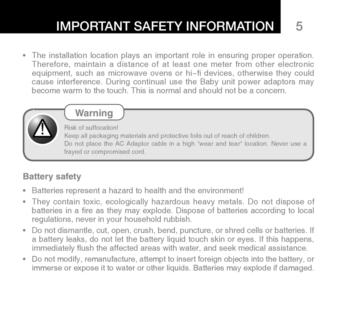 Oricom 310 manual Battery safety 