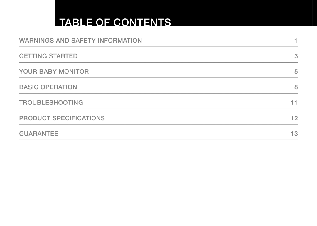 Oricom 50 manual Table of Contents 