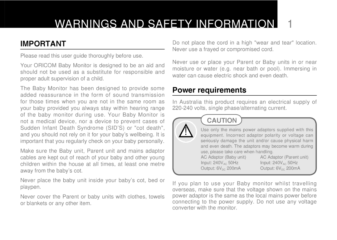 Oricom 50 manual Power requirements 