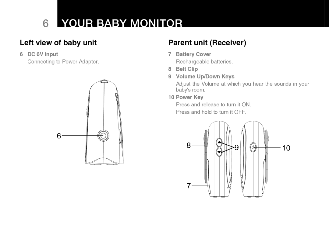 Oricom 50 manual Left view of baby unit, Parent unit Receiver, DC 6V input, Power Key 